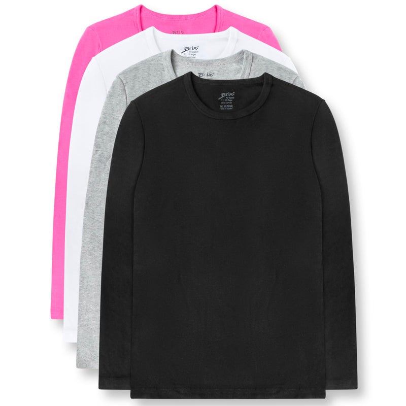 Brix Girls' Long Sleeve Tees - 4 -Pack Crew Neck Super Soft Cotton T Shirts. (Grey, Pink, Black, White, 14/16 Years) - Image 1